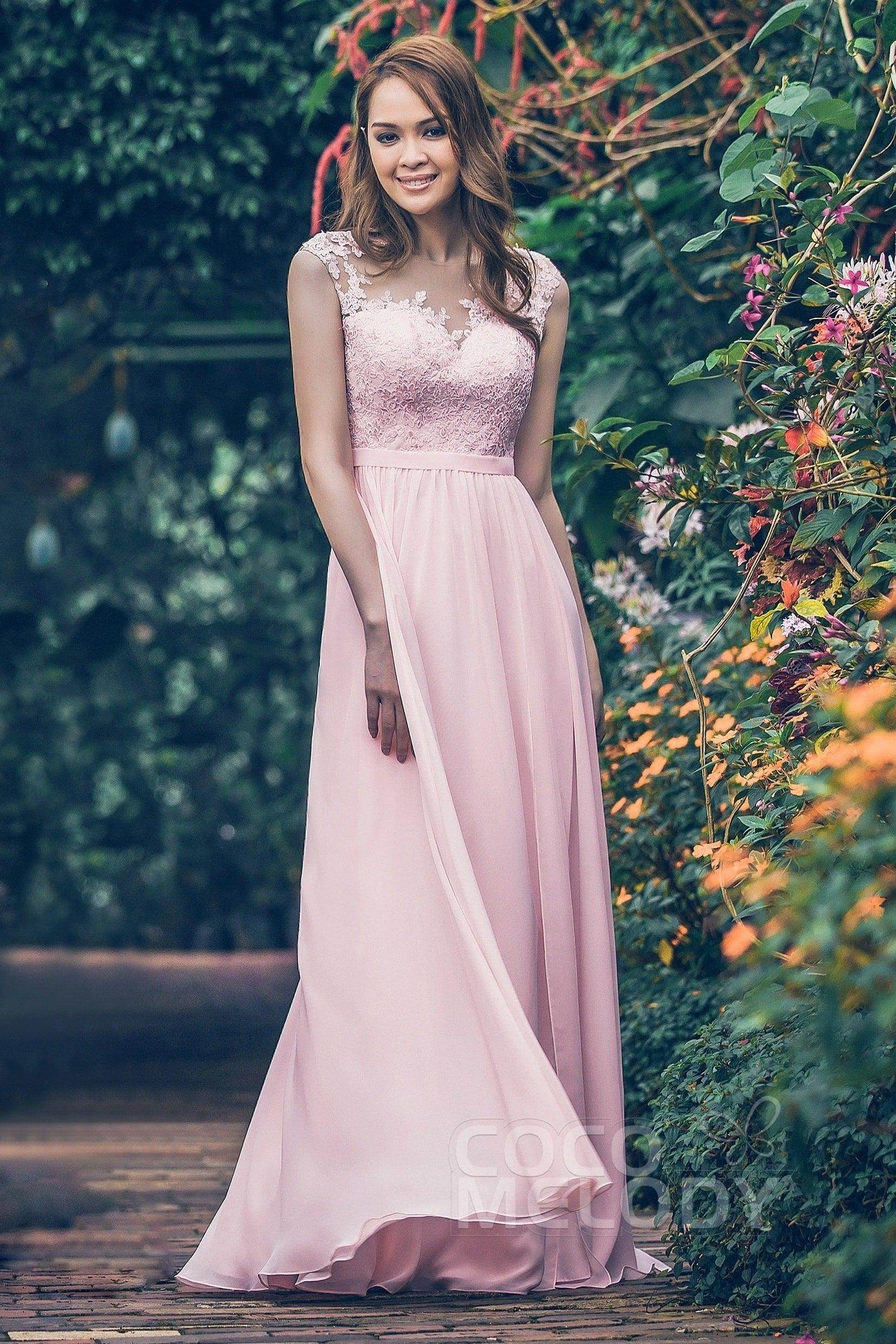 Sheath Floor Length Chiffon and Lace Bridesmaid Dress PR3554PS - COCOMELODY